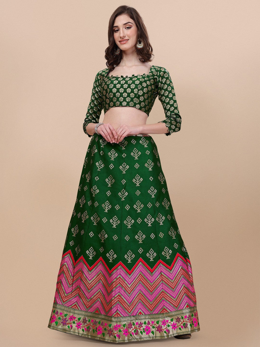 Lorenvalley Fashion Green Brocade Fabric Lehenga & Unstitched Blouse With Dupatta