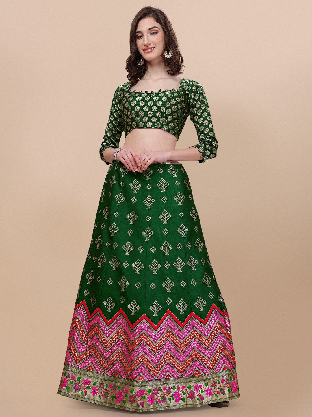 Lorenvalley Fashion Green Brocade Fabric Lehenga & Unstitched Blouse With Dupatta