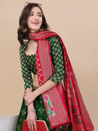 Lorenvalley Fashion Green Brocade Fabric Lehenga & Unstitched Blouse With Dupatta