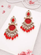 Tehzeeb Creations Latest Red Colour Gold Polish Kundan & Pearl Studded Designer Drop Long Earrings For Women And Girls Yellow - Distacart