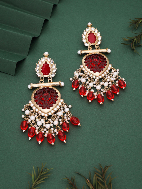 Tehzeeb Creations Latest Red Colour Gold Polish Kundan & Pearl Studded Designer Drop Long Earrings For Women And Girls Yellow - Distacart