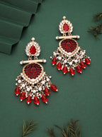 Tehzeeb Creations Latest Red Colour Gold Polish Kundan & Pearl Studded Designer Drop Long Earrings For Women And Girls Yellow - Distacart