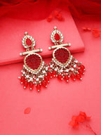 Tehzeeb Creations Latest Red Colour Gold Polish Kundan & Pearl Studded Designer Drop Long Earrings For Women And Girls Yellow - Distacart