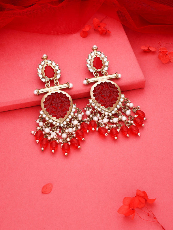 Tehzeeb Creations Latest Red Colour Gold Polish Kundan & Pearl Studded Designer Drop Long Earrings For Women And Girls Yellow - Distacart