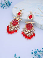 Tehzeeb Creations Latest Red Colour Gold Polish Kundan & Pearl Studded Designer Drop Long Earrings For Women And Girls Yellow - Distacart