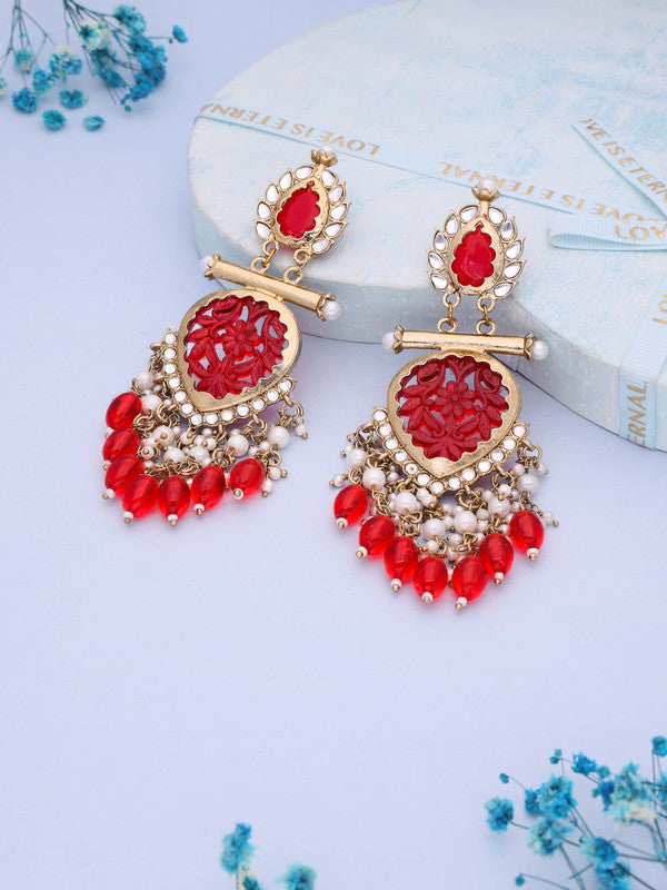 Tehzeeb Creations Latest Red Colour Gold Polish Kundan & Pearl Studded Designer Drop Long Earrings For Women And Girls Yellow - Distacart