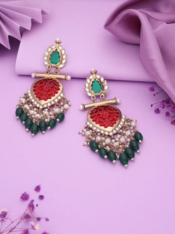 Tehzeeb Creations Latest Red & Green Colour Gold Polish Kundan & Pearl Studded Designer Drop Long Earrings For Women And Girls Yellow - Distacart