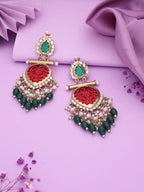 Tehzeeb Creations Latest Red & Green Colour Gold Polish Kundan & Pearl Studded Designer Drop Long Earrings For Women And Girls Yellow - Distacart