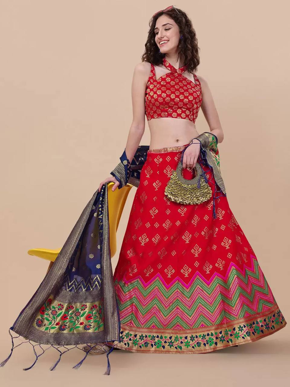 Lorenvalley Fashion Red Brocade Fabric Lehenga & Unstitched Blouse With Dupatta