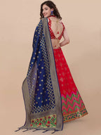 Lorenvalley Fashion Red Brocade Fabric Lehenga & Unstitched Blouse With Dupatta