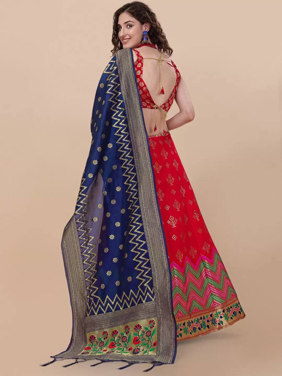 Lorenvalley Fashion Red Brocade Fabric Lehenga & Unstitched Blouse With Dupatta