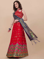 Lorenvalley Fashion Red Brocade Fabric Lehenga & Unstitched Blouse With Dupatta
