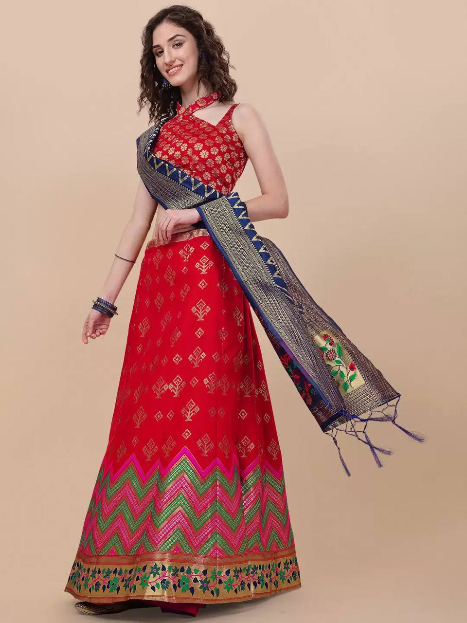 Lorenvalley Fashion Red Brocade Fabric Lehenga & Unstitched Blouse With Dupatta