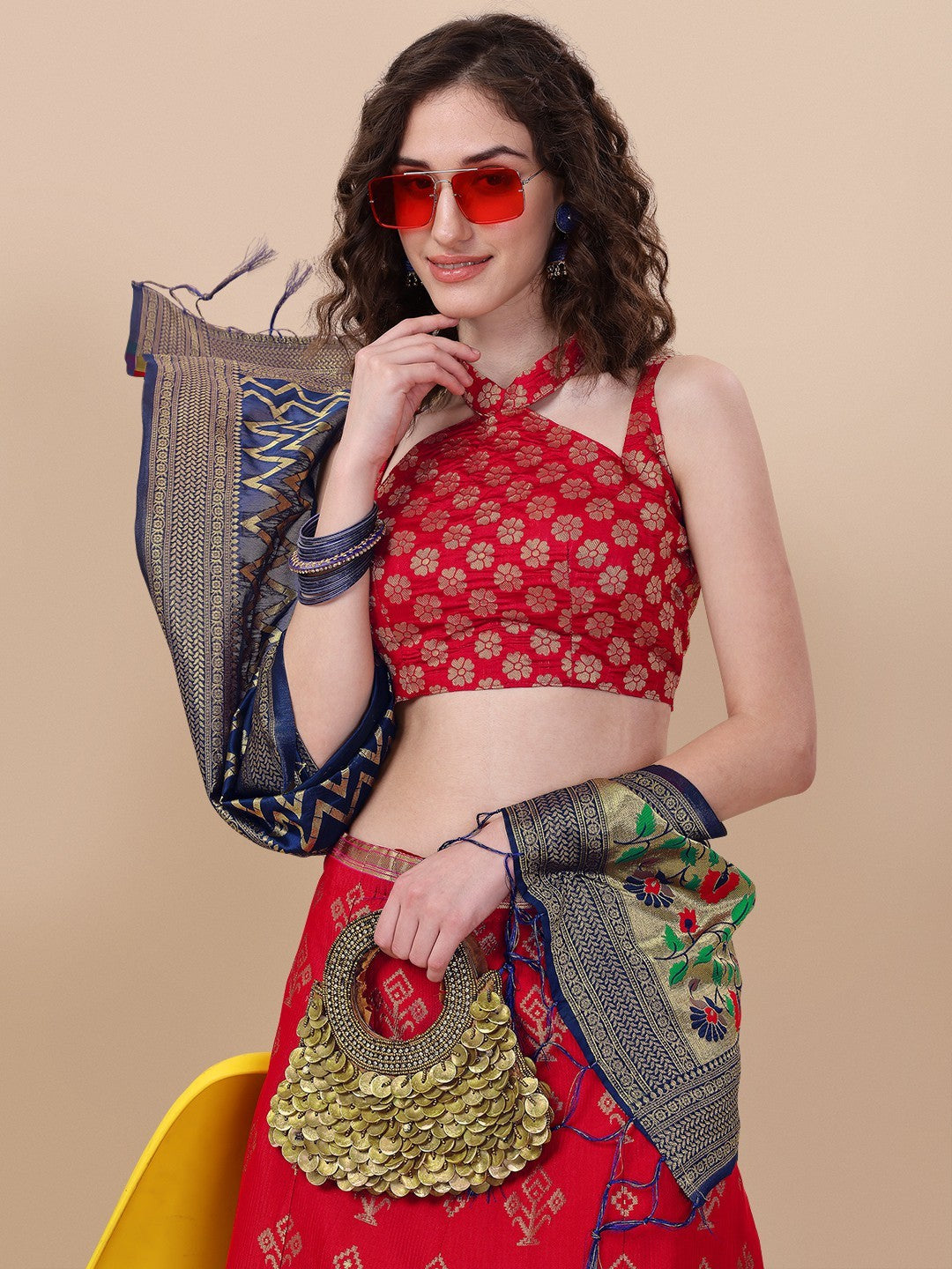Lorenvalley Fashion Red Brocade Fabric Lehenga & Unstitched Blouse With Dupatta