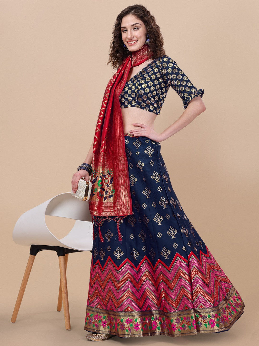 Lorenvalley Fashion Blue Brocade Fabric Lehenga & Unstitched Blouse With Dupatta