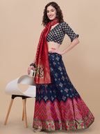 Lorenvalley Fashion Blue Brocade Fabric Lehenga & Unstitched Blouse With Dupatta