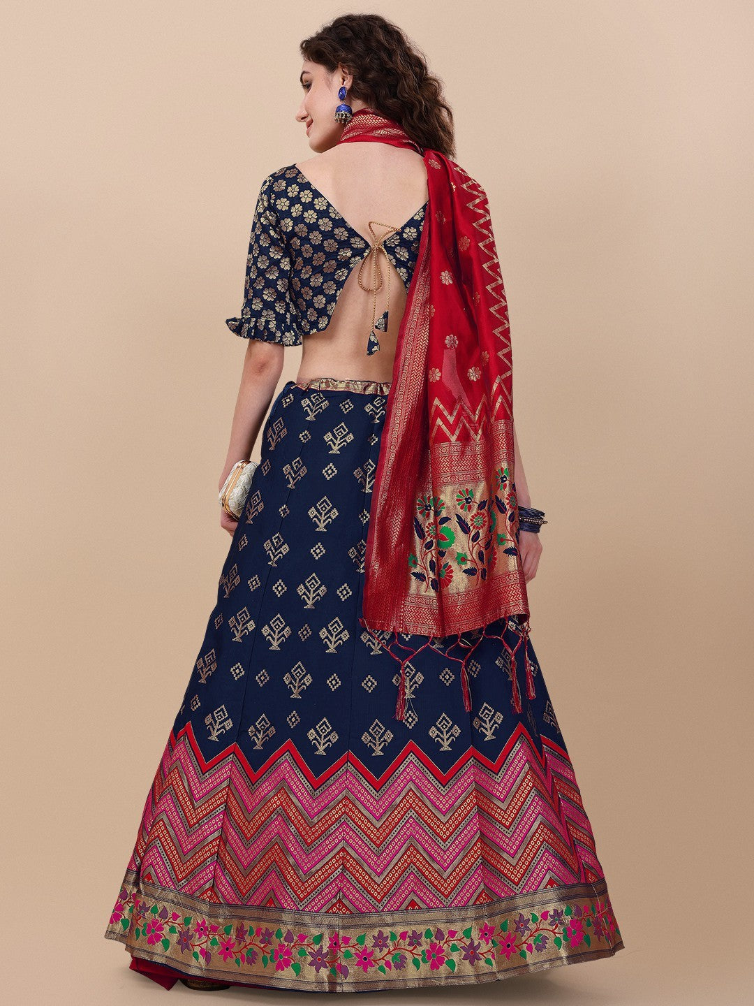 Lorenvalley Fashion Blue Brocade Fabric Lehenga & Unstitched Blouse With Dupatta