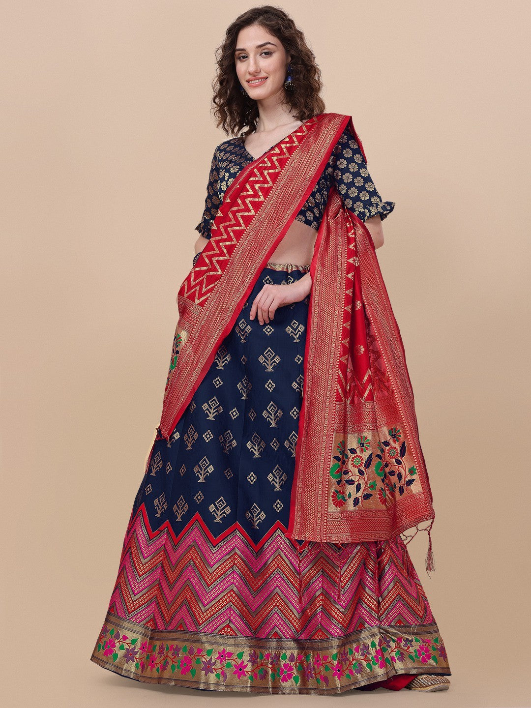 Lorenvalley Fashion Blue Brocade Fabric Lehenga & Unstitched Blouse With Dupatta