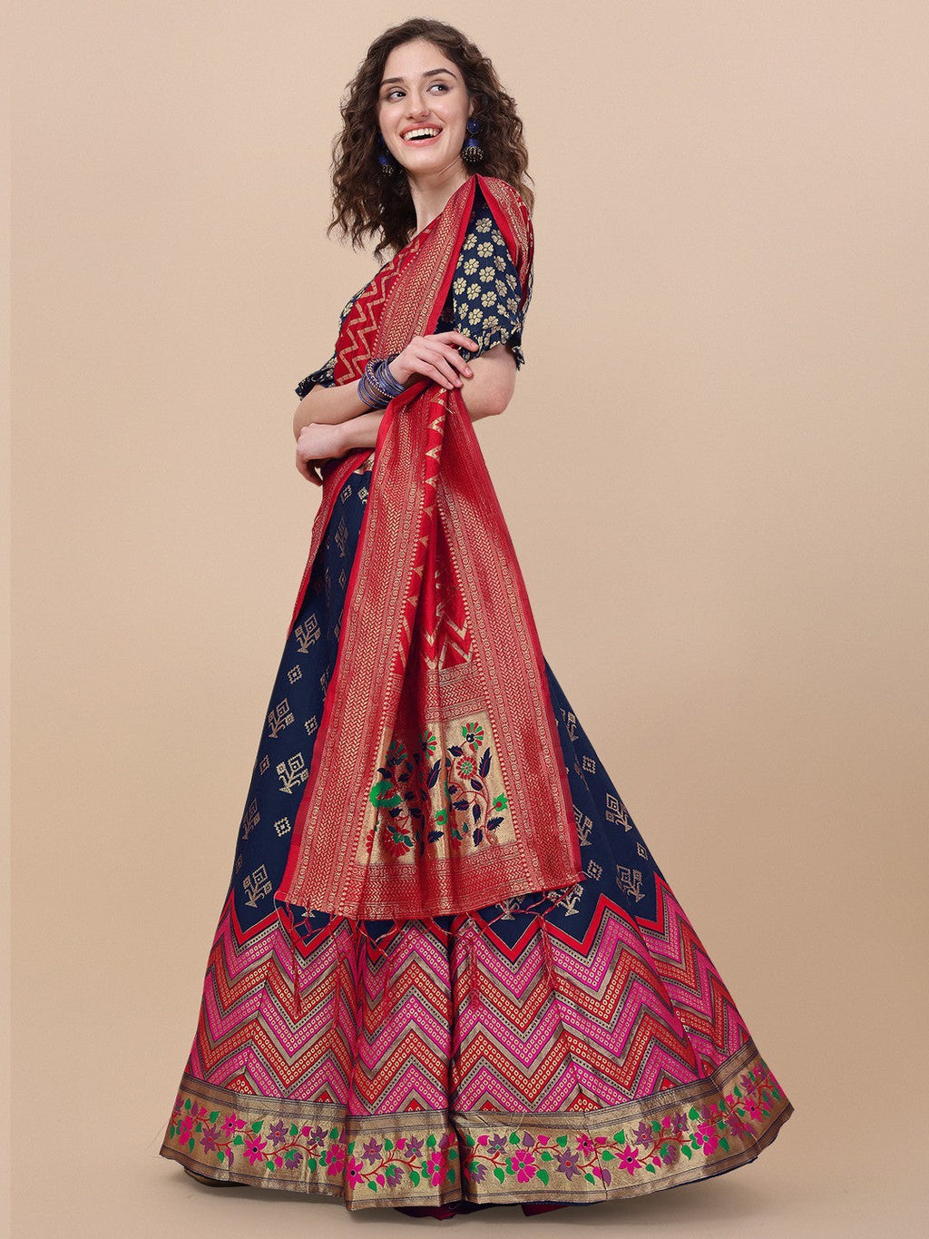 Lorenvalley Fashion Blue Brocade Fabric Lehenga & Unstitched Blouse With Dupatta