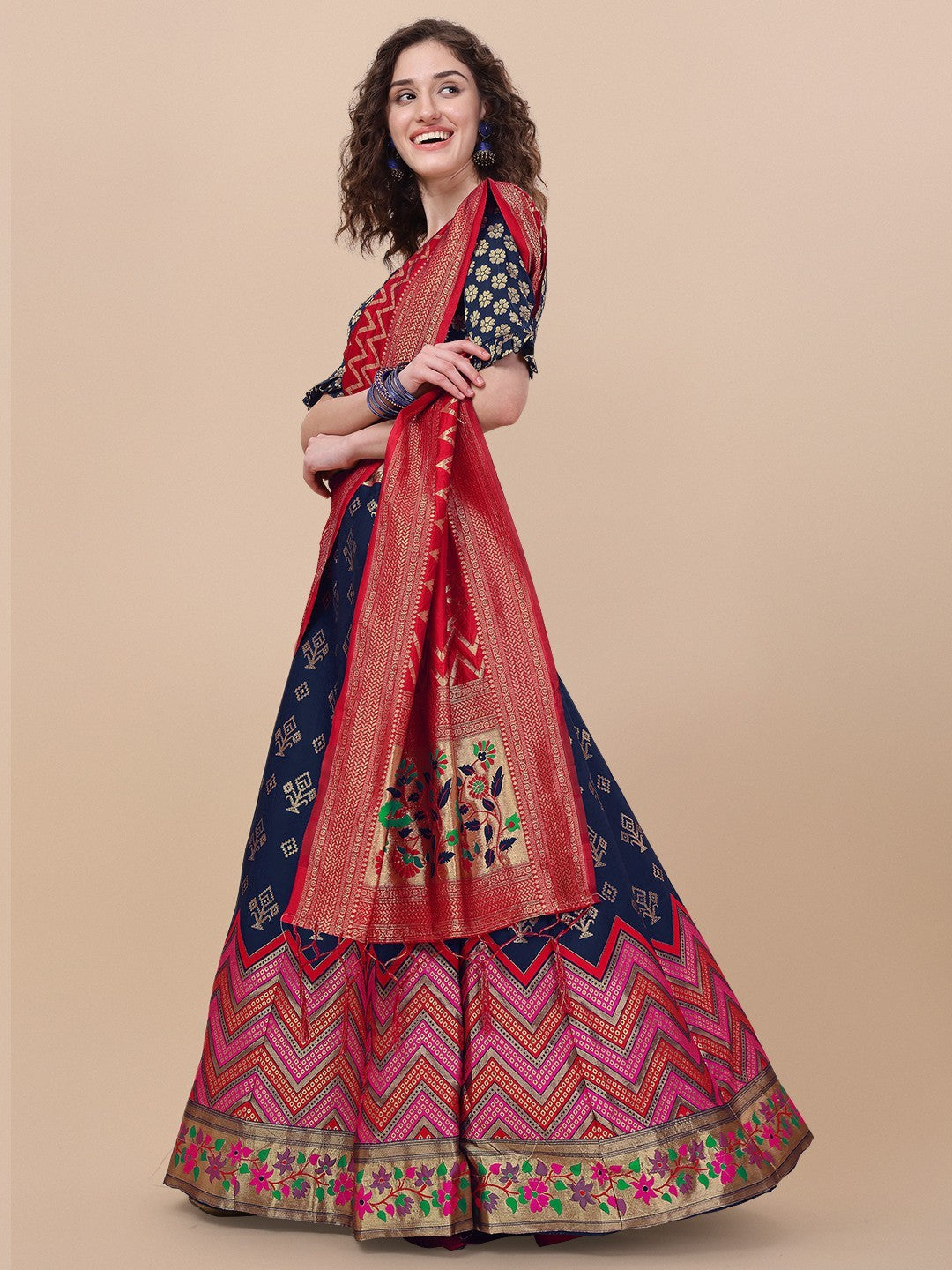 Lorenvalley Fashion Blue Brocade Fabric Lehenga & Unstitched Blouse With Dupatta