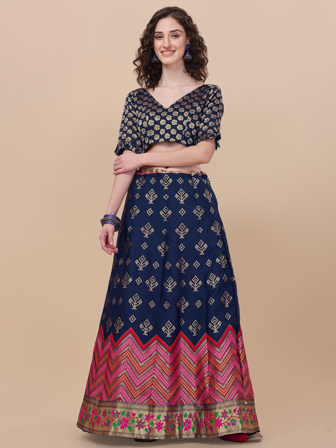 Lorenvalley Fashion Blue Brocade Fabric Lehenga & Unstitched Blouse With Dupatta