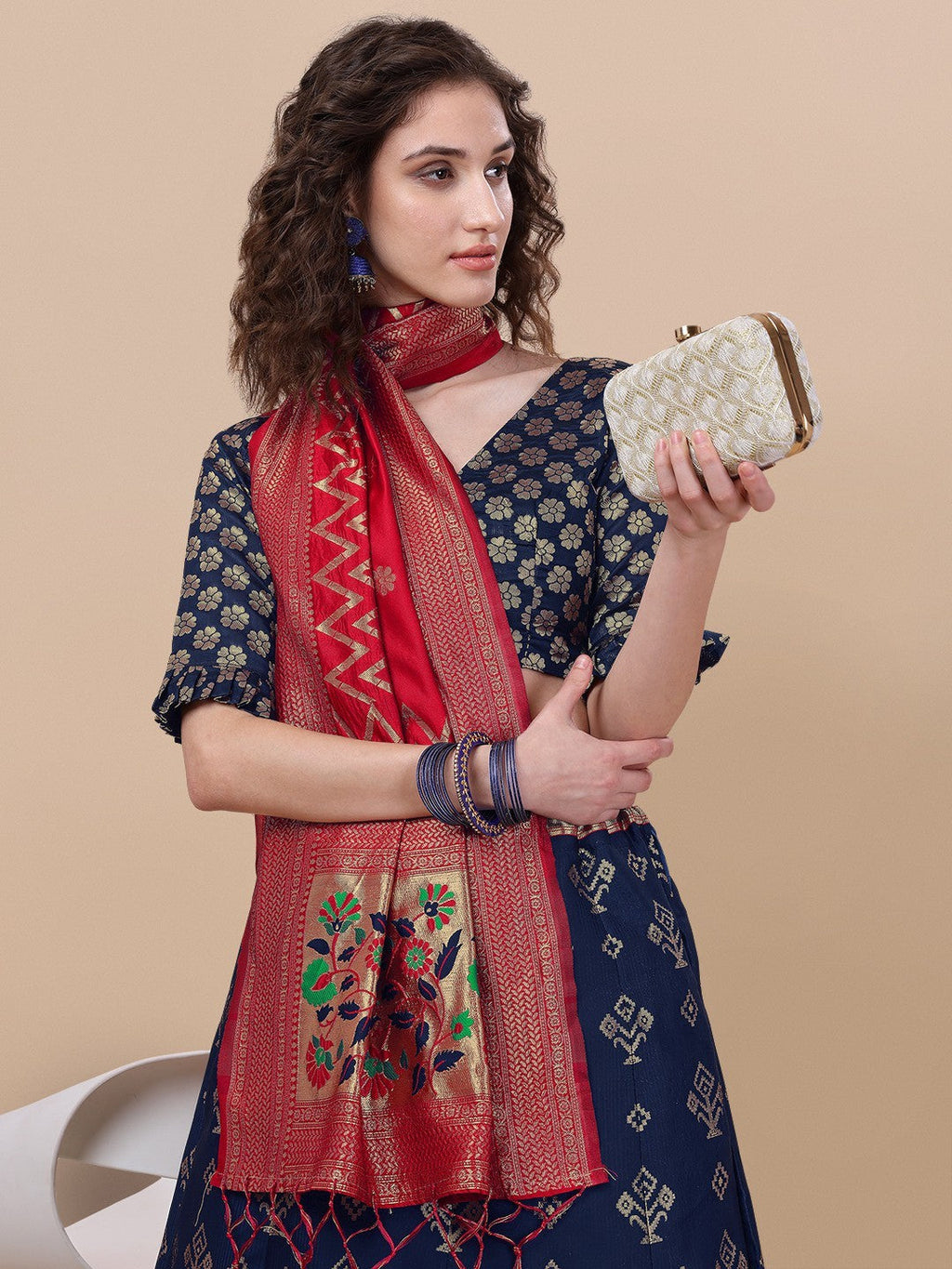 Lorenvalley Fashion Blue Brocade Fabric Lehenga & Unstitched Blouse With Dupatta