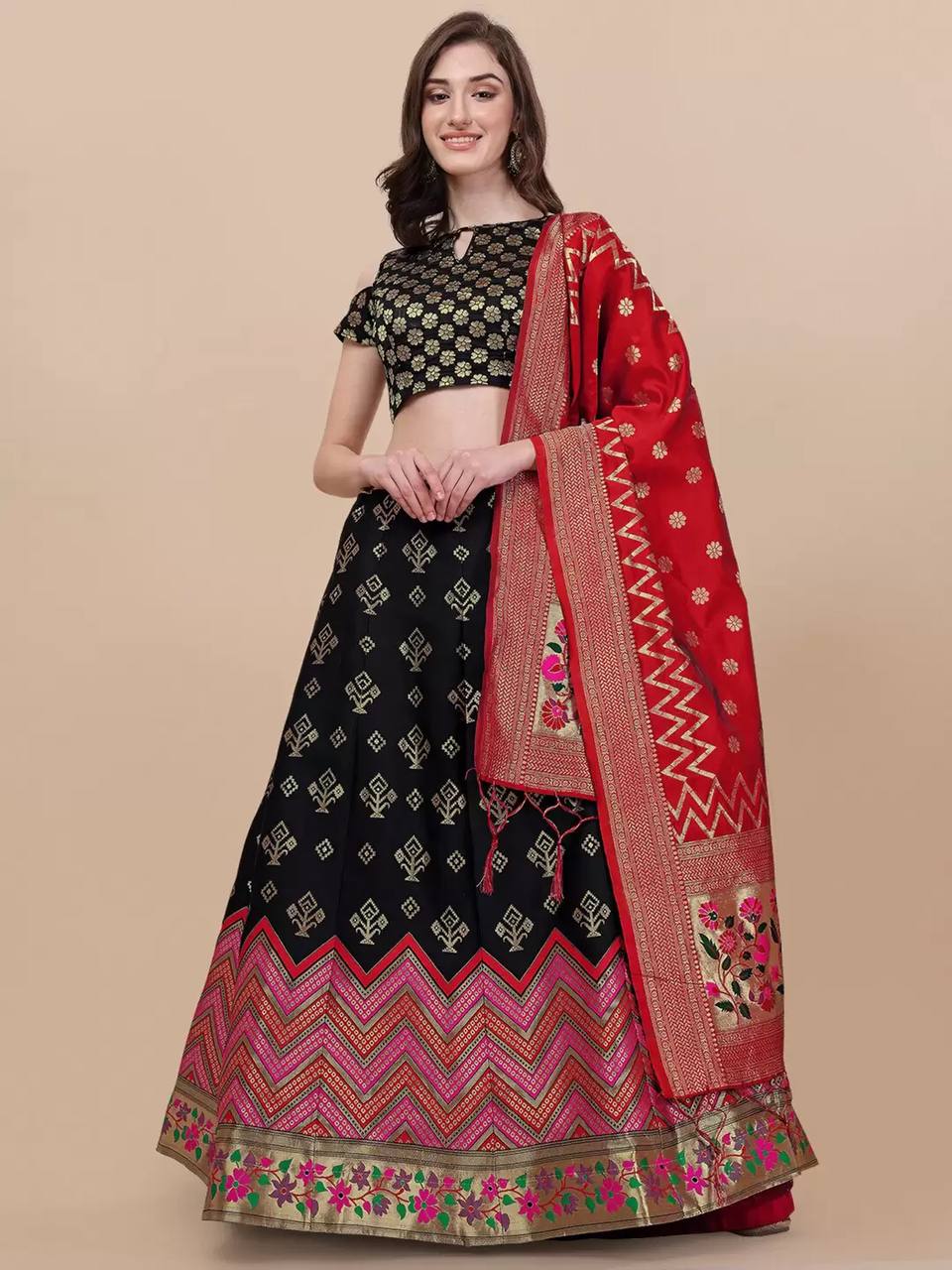 Lorenvalley Fashion Black Brocade Fabric Lehenga & Unstitched Blouse With Dupatta
