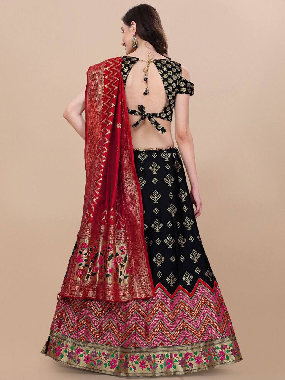 Lorenvalley Fashion Black Brocade Fabric Lehenga & Unstitched Blouse With Dupatta