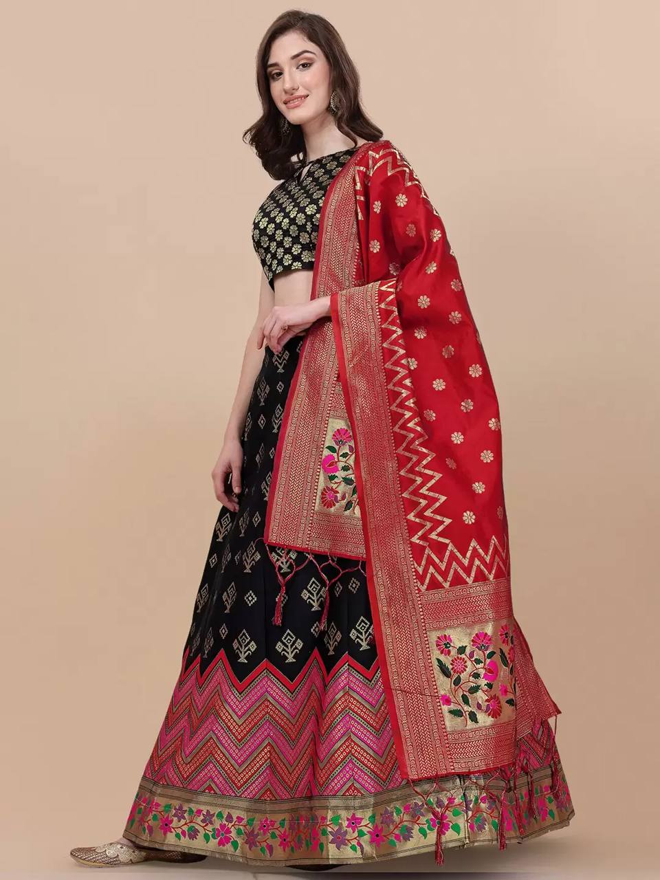 Lorenvalley Fashion Black Brocade Fabric Lehenga & Unstitched Blouse With Dupatta