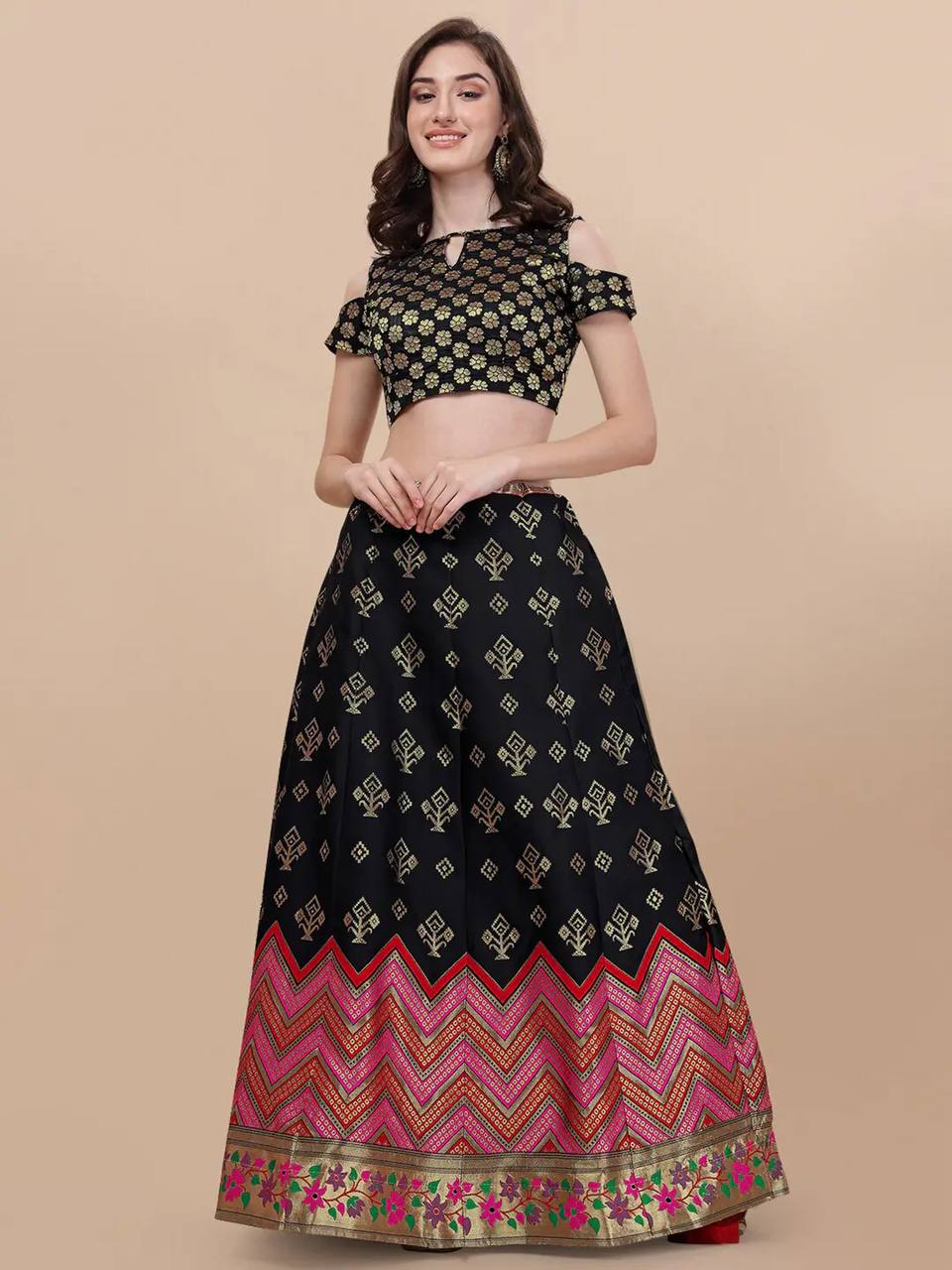 Lorenvalley Fashion Black Brocade Fabric Lehenga & Unstitched Blouse With Dupatta
