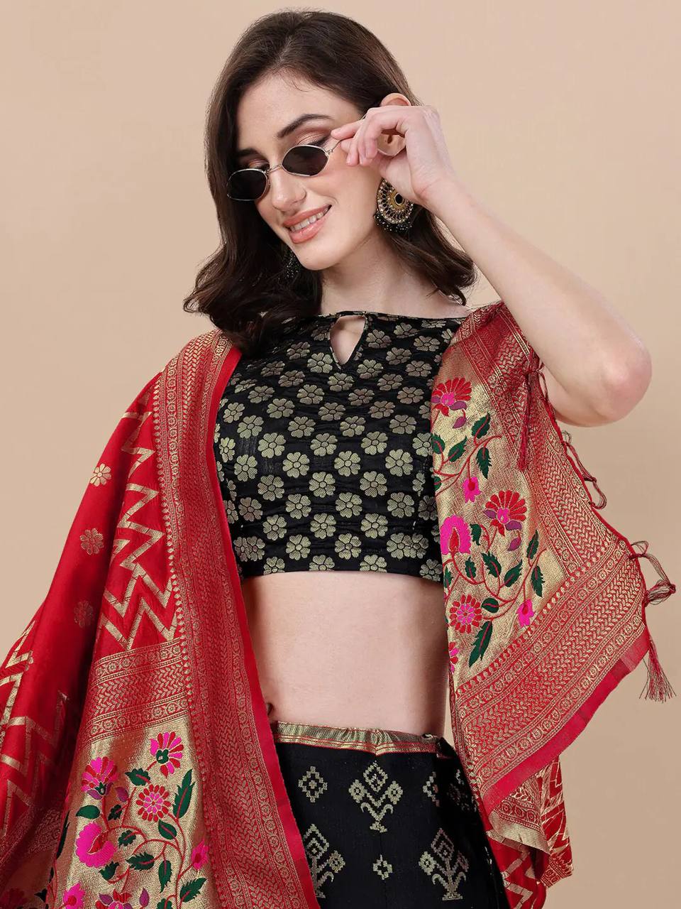 Lorenvalley Fashion Black Brocade Fabric Lehenga & Unstitched Blouse With Dupatta