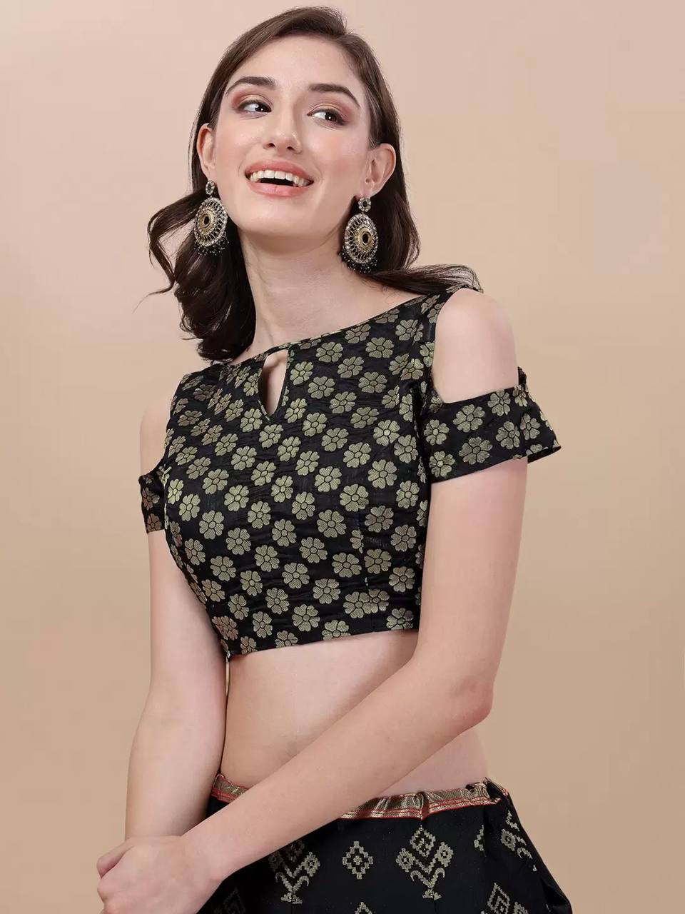 Lorenvalley Fashion Black Brocade Fabric Lehenga & Unstitched Blouse With Dupatta