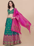 Lorenvalley Fashion Teal Brocade Fabric Lehenga & Unstitched Blouse With Dupatta