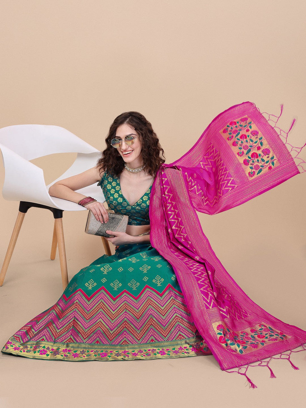 Lorenvalley Fashion Teal Brocade Fabric Lehenga & Unstitched Blouse With Dupatta