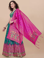 Lorenvalley Fashion Teal Brocade Fabric Lehenga & Unstitched Blouse With Dupatta