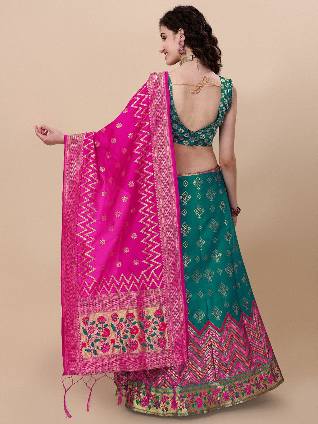 Lorenvalley Fashion Teal Brocade Fabric Lehenga & Unstitched Blouse With Dupatta