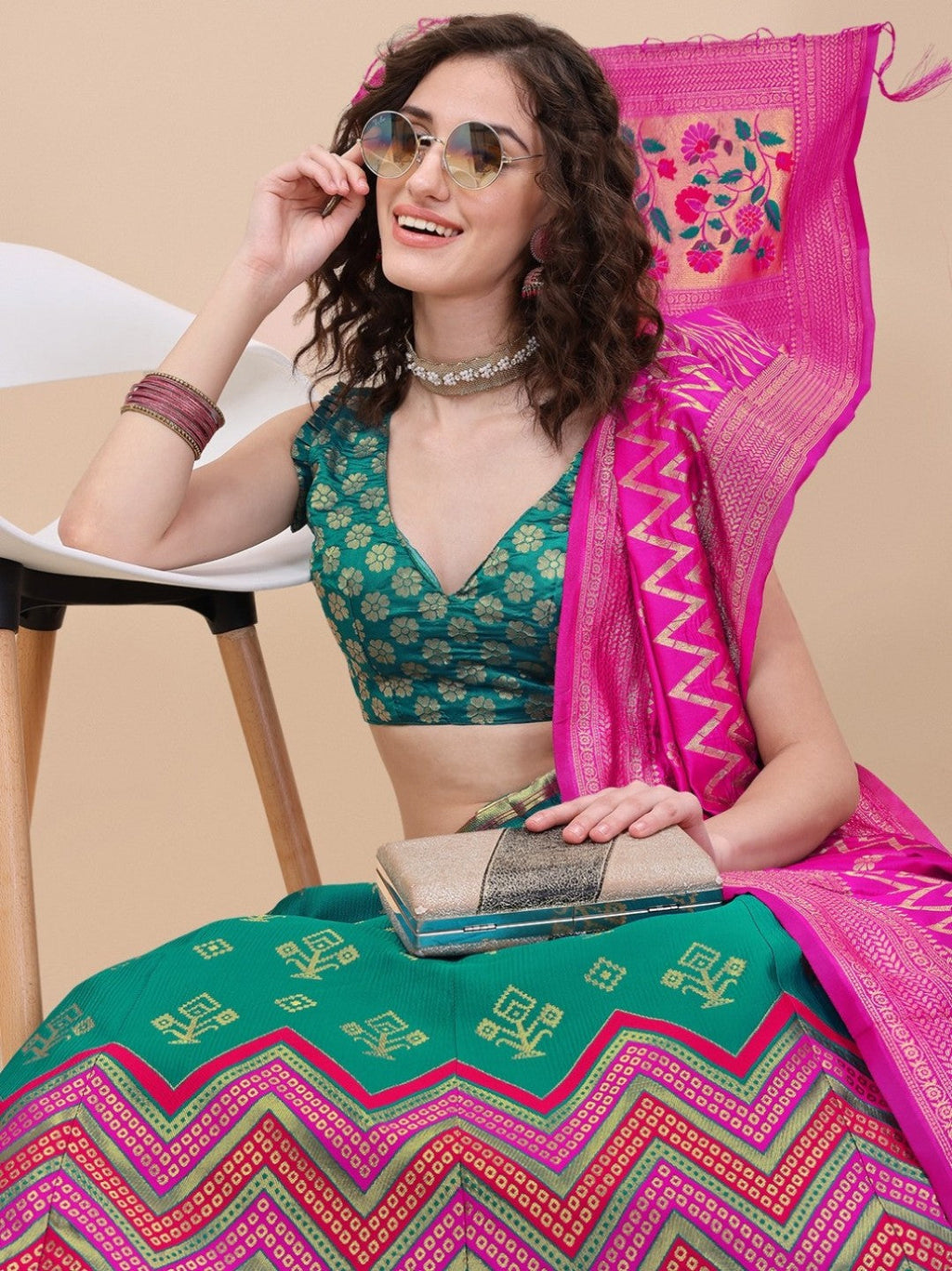 Lorenvalley Fashion Teal Brocade Fabric Lehenga & Unstitched Blouse With Dupatta