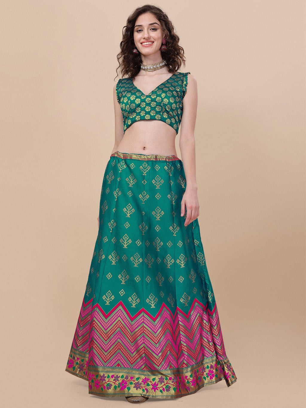 Lorenvalley Fashion Teal Brocade Fabric Lehenga & Unstitched Blouse With Dupatta