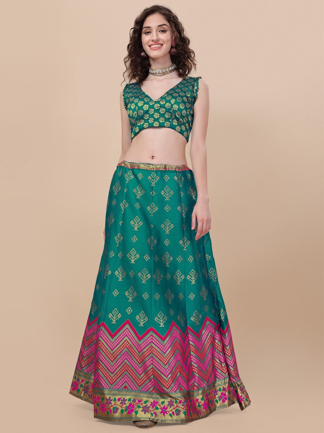 Lorenvalley Fashion Teal Brocade Fabric Lehenga & Unstitched Blouse With Dupatta