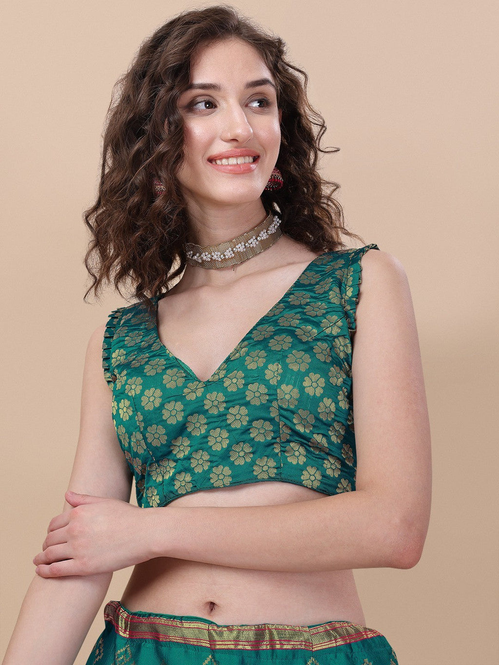 Lorenvalley Fashion Teal Brocade Fabric Lehenga & Unstitched Blouse With Dupatta