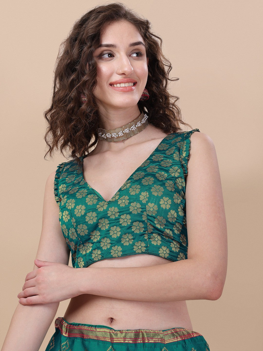Lorenvalley Fashion Teal Brocade Fabric Lehenga & Unstitched Blouse With Dupatta