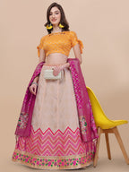 Lorenvalley Fashion Peach Brocade Fabric Lehenga & Unstitched Blouse With Dupatta