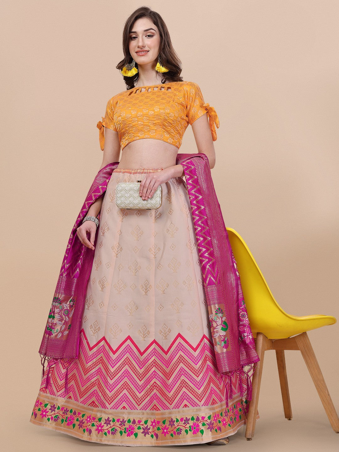 Lorenvalley Fashion Peach Brocade Fabric Lehenga & Unstitched Blouse With Dupatta
