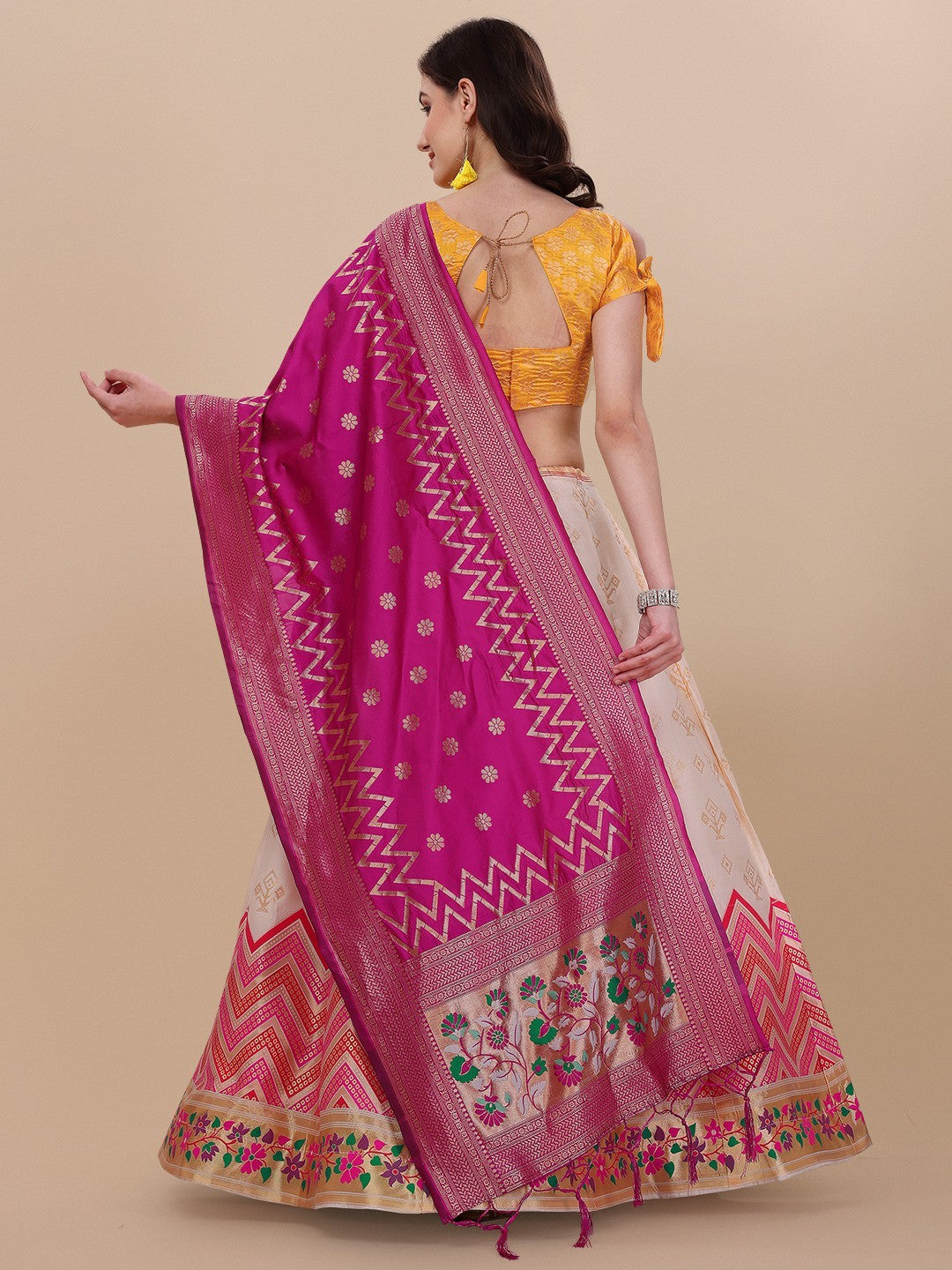 Lorenvalley Fashion Peach Brocade Fabric Lehenga & Unstitched Blouse With Dupatta