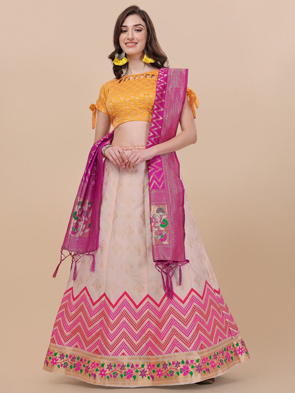Lorenvalley Fashion Peach Brocade Fabric Lehenga & Unstitched Blouse With Dupatta