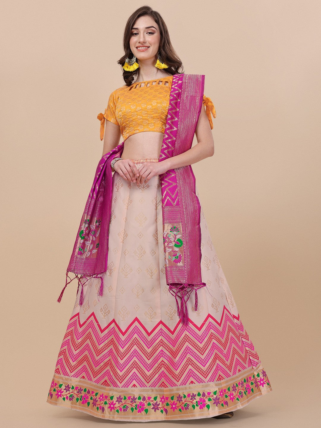 Lorenvalley Fashion Peach Brocade Fabric Lehenga & Unstitched Blouse With Dupatta