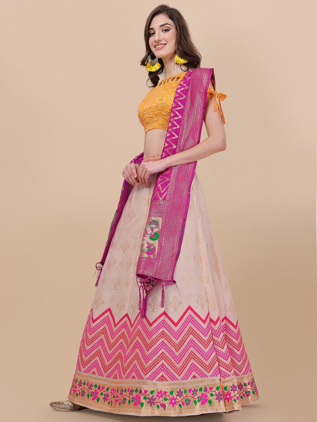 Lorenvalley Fashion Peach Brocade Fabric Lehenga & Unstitched Blouse With Dupatta