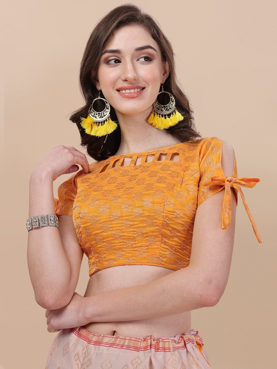 Lorenvalley Fashion Peach Brocade Fabric Lehenga & Unstitched Blouse With Dupatta