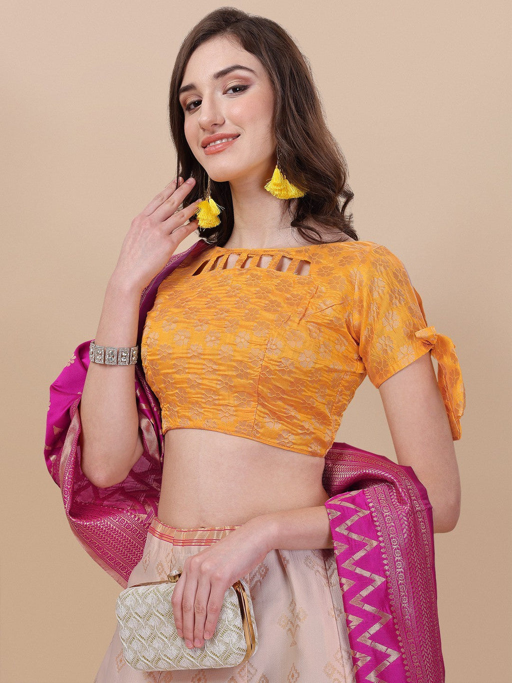 Lorenvalley Fashion Peach Brocade Fabric Lehenga & Unstitched Blouse With Dupatta