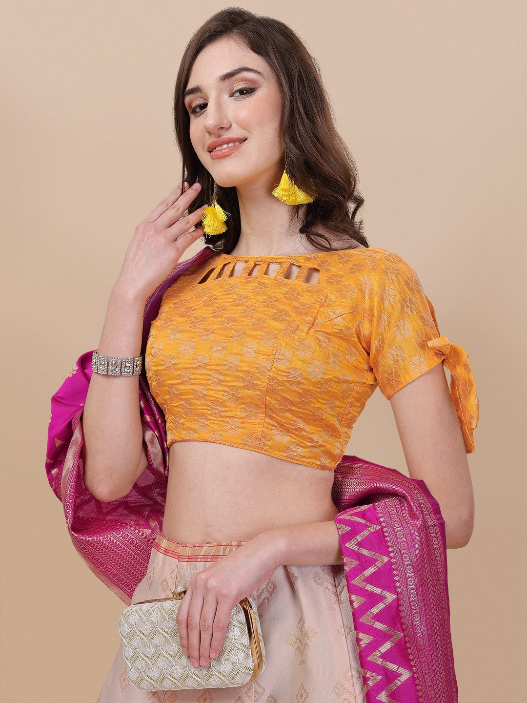Lorenvalley Fashion Peach Brocade Fabric Lehenga & Unstitched Blouse With Dupatta